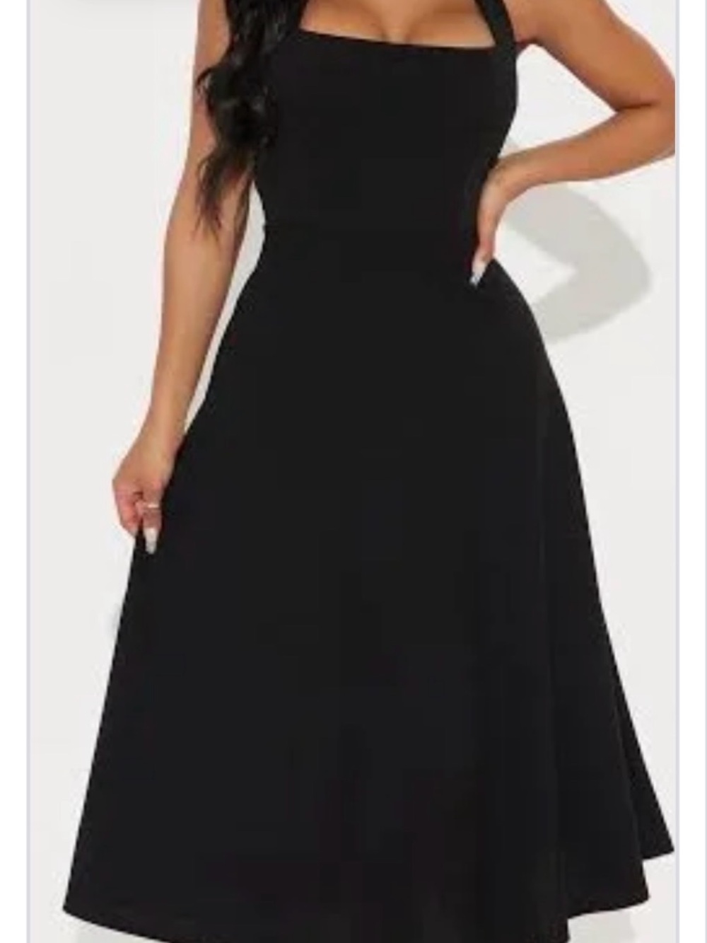 Elegant Black A-Line Midi Dress - Sleeveless Square Neck size Small